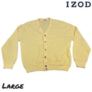 Vintage 70s Izod of London Yellow Orlon Acrylic Cardigan Sweater USA Made‎ LARGE